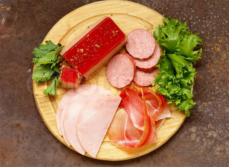 Assorted deli meats - ham, salami, parma, prosciutto, pate, stock photo