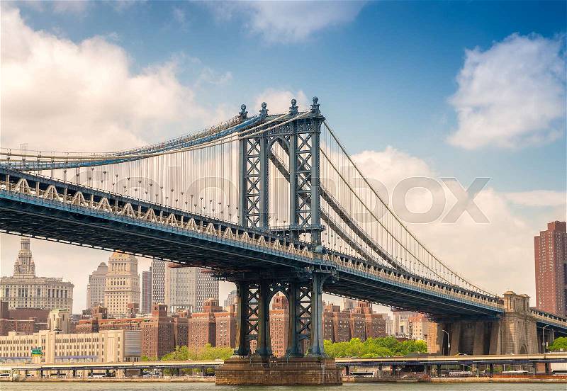 The Manhattan Bridge as seen from underneath, New York City, stock photo