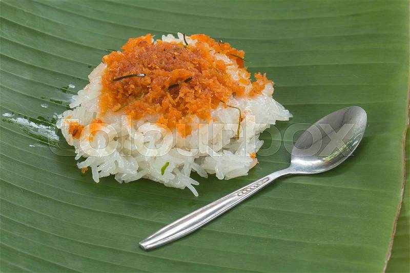 Red Shrimp and shred coconut on sticky rice / Thai dessert, stock photo