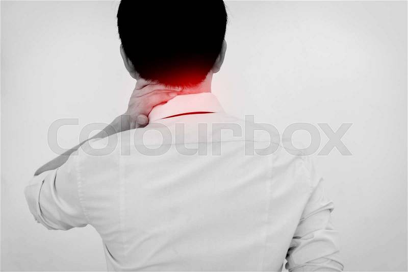 Business Man touching painful neck. Neck Problem Isolated White Background, stock photo