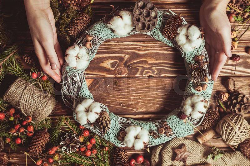 Nature components wreath - preparation for making natural eco decorations with lace, stock photo