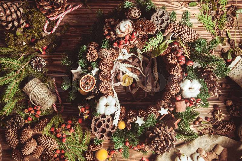 Nature components wreath - preparation for making natural eco decorations, stock photo