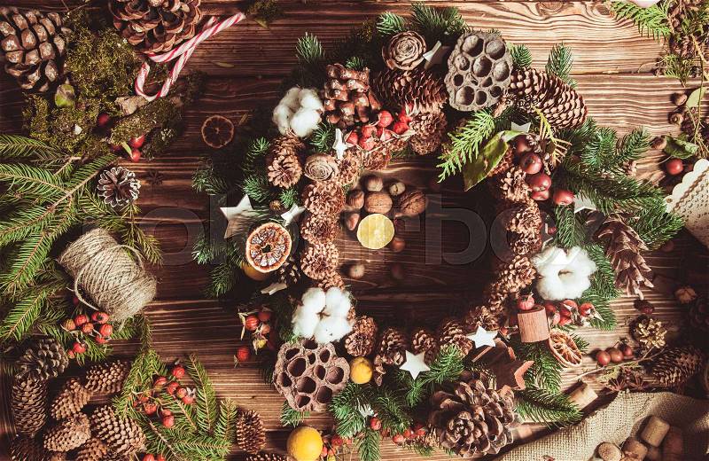 Components for making natural eco wreath with Christmas aroma, stock photo