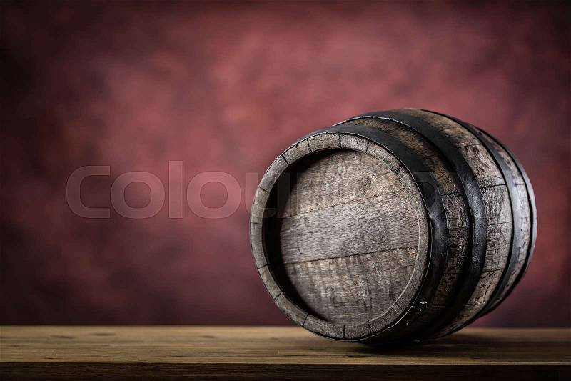 Wooden barrel. Old wooden keg. Barrel on beer vine whiskey brandy or cognac, stock photo