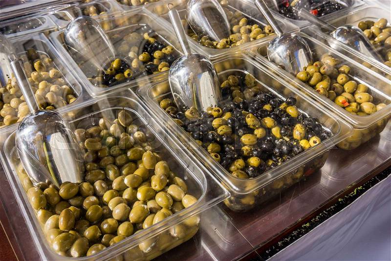 Olives on the market. Greek olives, stock photo