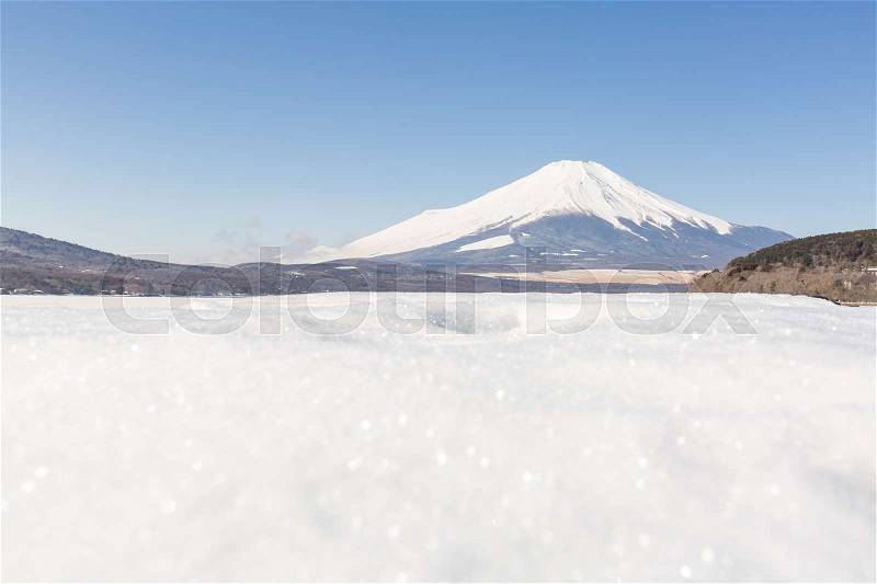Winter Mount Fuji at Iced Yamanaka Lake in snow winter season Japan, stock photo