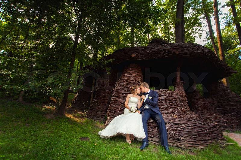 Kissing couple sitting near wooden house in summer forest, stock photo