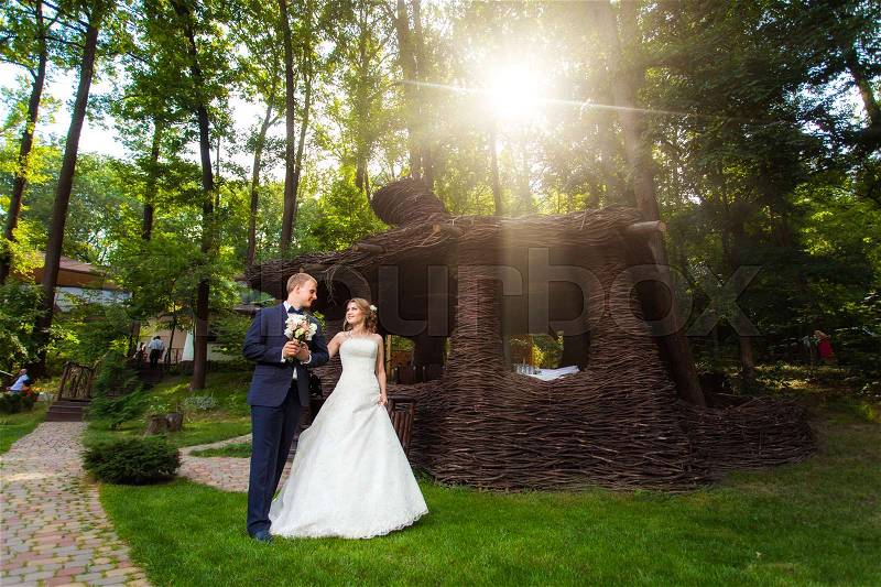 Wedding couple in sunlight near wooden arbor in green park, stock photo