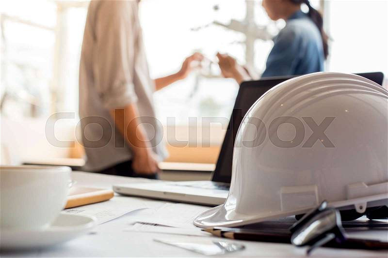 Architectural Office desk background construction project ideas, stock photo
