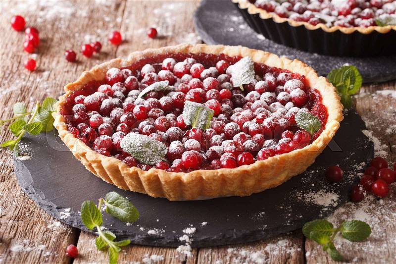 Cranberry tart with jam, powdered sugar decorated with mint close up on the table. horizontal , stock photo