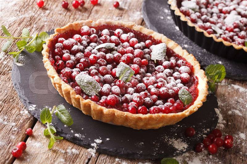 Cranberry tart with jam, powdered sugar and mint close-up on the table. Horizontal , stock photo