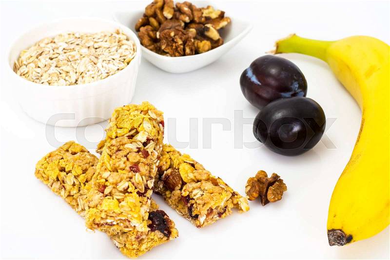 Healthy Nutrition. Childrens Food, School Lunches. Cereals, Nuts and Fruits Studio Photo, stock photo