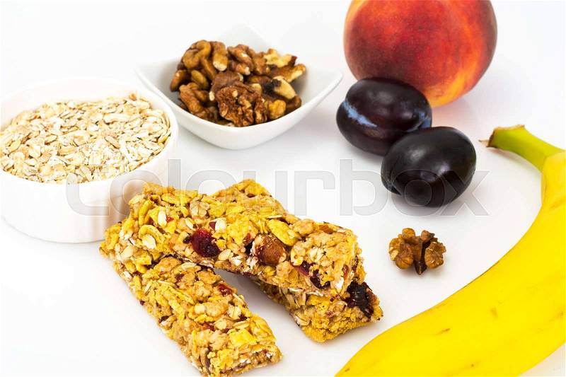 Healthy Nutrition. Childrens Food, School Lunches. Cereals, Nuts and Fruits Studio Photo, stock photo