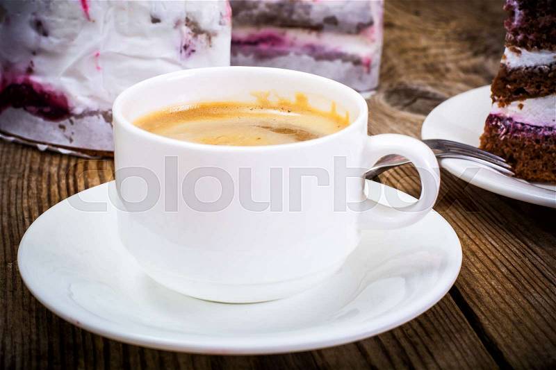 Cup of Coffee, Cake with Cream and Cherry. Sweet Food, stock photo