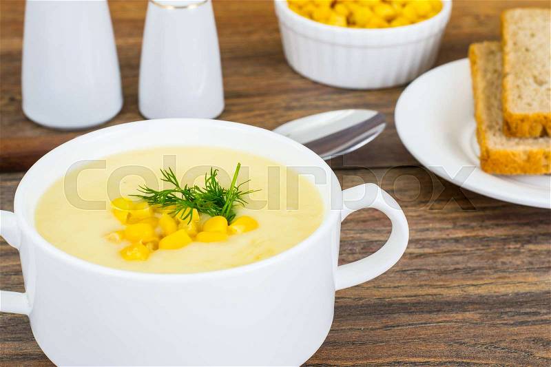 Soup of Mashed Potato with Corn Studio Photo, stock photo