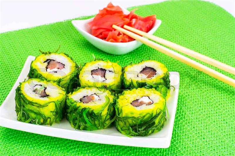 Sushi Roll with Chukoy, Salmon and Cheese. Studio Photo, stock photo