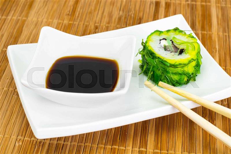 Sushi Roll with Chukoy, Salmon and Cheese. Studio Photo, stock photo
