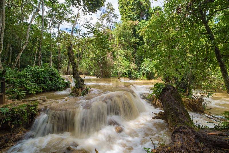 Flash flood in Waterfall at Tat Kuang Si Luang prabang, Laos, stock photo