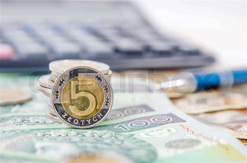 Polish money close up business composition. polish coins business income currency investing concept, stock photo