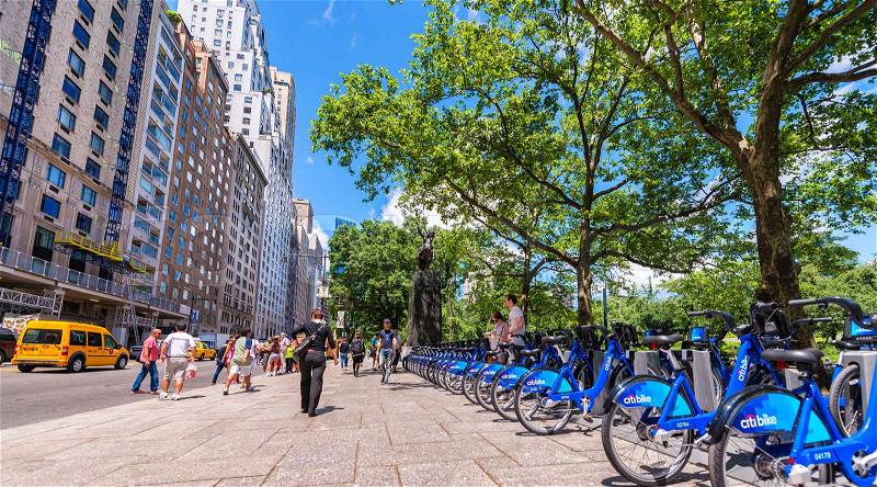 NEW YORK CITY - JUNE 2013: Citi bike station in Manhattan on June 2013. NYC bike share system started in Manhattan and Brooklyn on May 27, 2013, stock photo