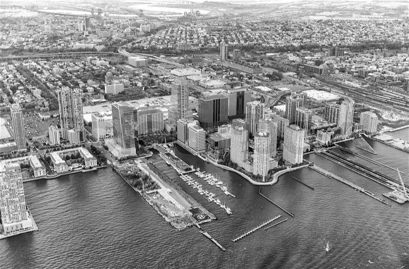 Black and white view of Manhattan buildings, New York City - USA, stock photo