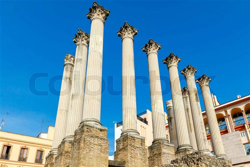 Ancient Roman columns on the excavation of a Roman temple in Cordoba, stock photo