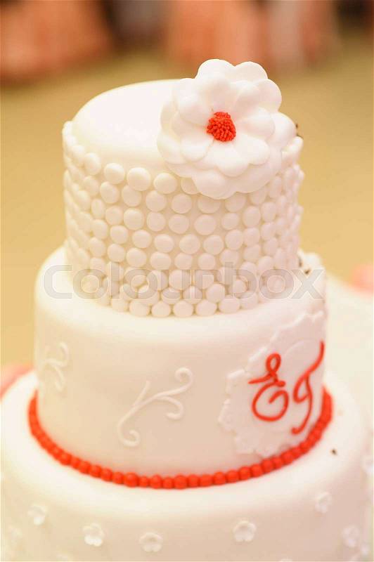 Sweet Wedding cake decorated with beautiful flowers\, stock photo