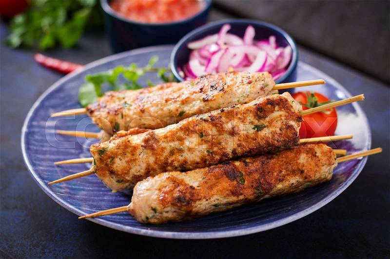 Minced Lula kebab grilled turkey (chicken) on plate, stock photo