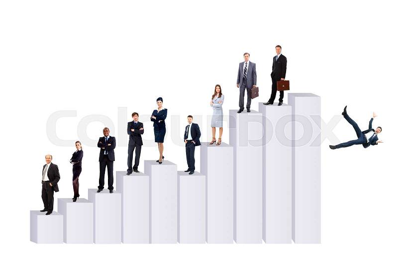 Business team at growth stages and businessman falling off ladder. in the photo there is an empty space for your text, stock photo