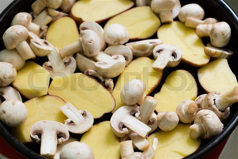Raw food Mushrooms with Potatoes ready for grill, stock photo