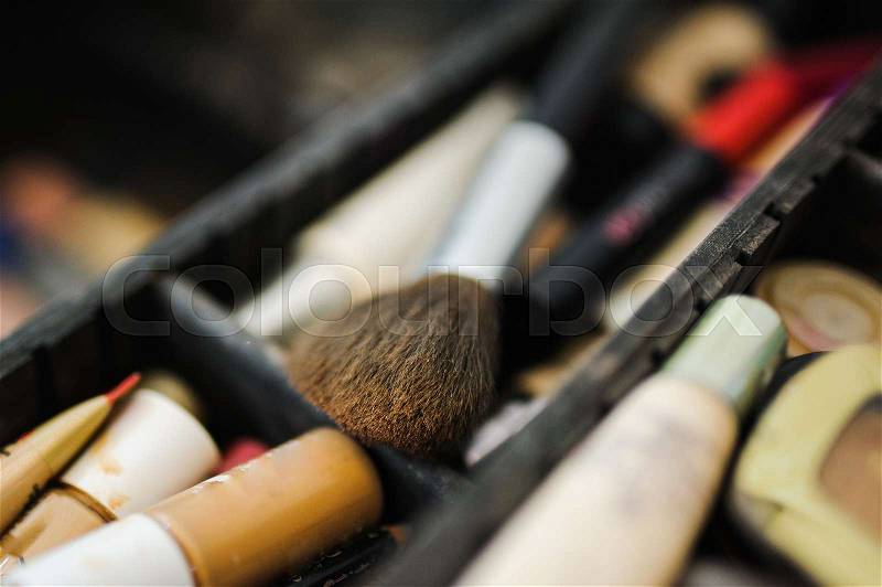 Various make-up and cosmetics products at beauty salon, stock photo