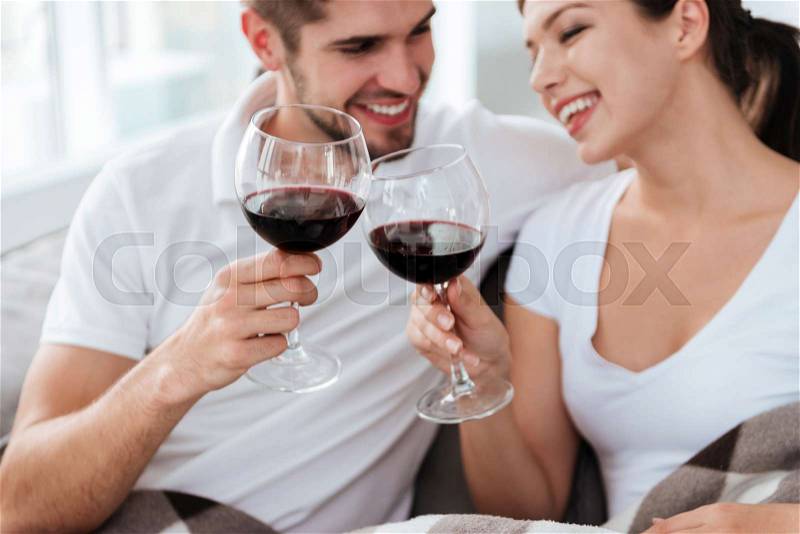 Happy young couple sitting and drinking wine at home, stock photo