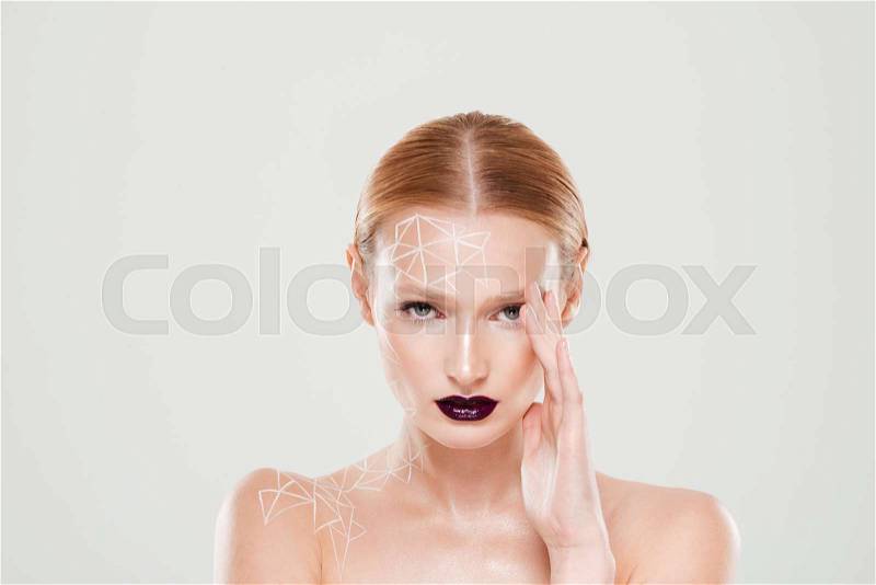 Beauty image girl with body art and hand near face. Body art. Close up, stock photo