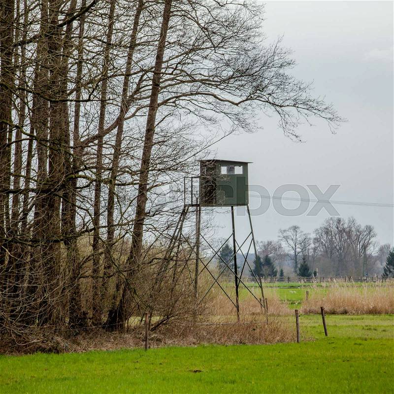 Wildlife observation point. Shooting lodge. Hunters high tower, stock photo