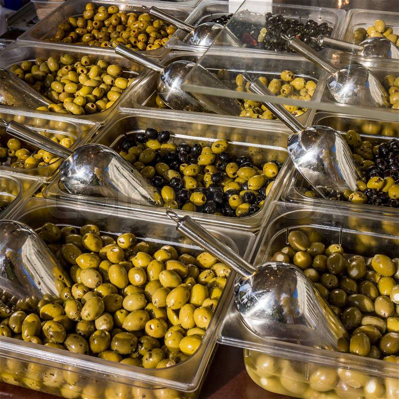 Olives on the market. Greek olives, stock photo