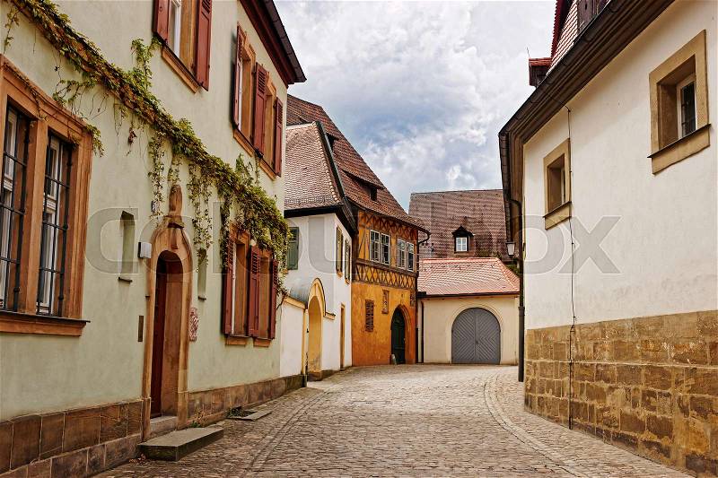 Old houses in the city center of Bamberg in Upper Franconia, Bavaria, of Germany. It is also called Alte Hofhaltung, stock photo