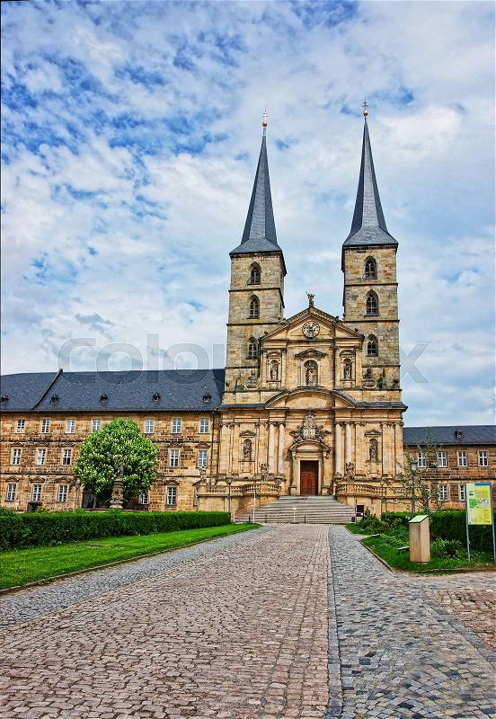 Church of Saint Michael of Bamberg in Upper Franconia in Germany. It is also called Michaelskirche. It is placed on the top of the hill, stock photo