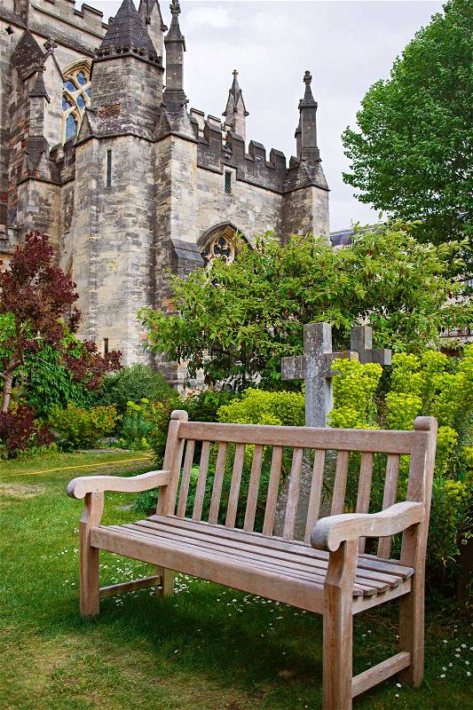 Bench at Bristol Cathedral in Bristol in South West of the UK. It is fully called as Cathedral Church of the Holy and Undivided Trinity. It was founded in the 12th century, stock photo