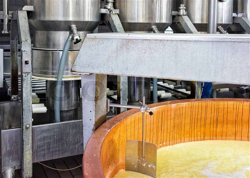 Gruyere de Comte Cheese Processing in the dairy in Franche Comte, Burgundy, in France, stock photo