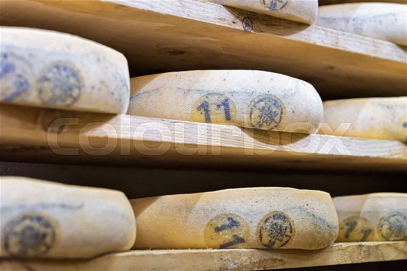 Stack of aging Cheese on wooden shelves in maturing cellar in Franche Comte dairy, in France, stock photo