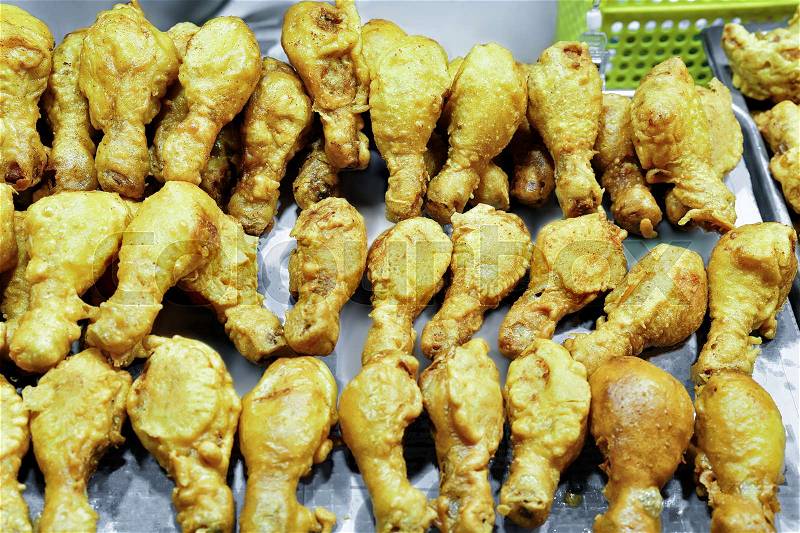 Chicken sticks at Myeongdong street market in Seoul, South Korea, stock photo