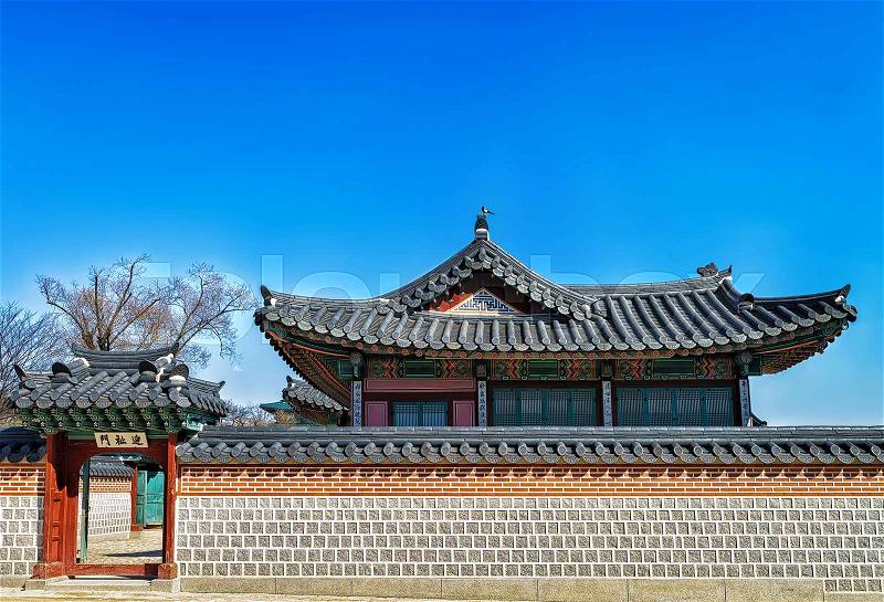 Wooden pavilion at Gyeongbokgung Palace in Seoul, South Korea, stock photo