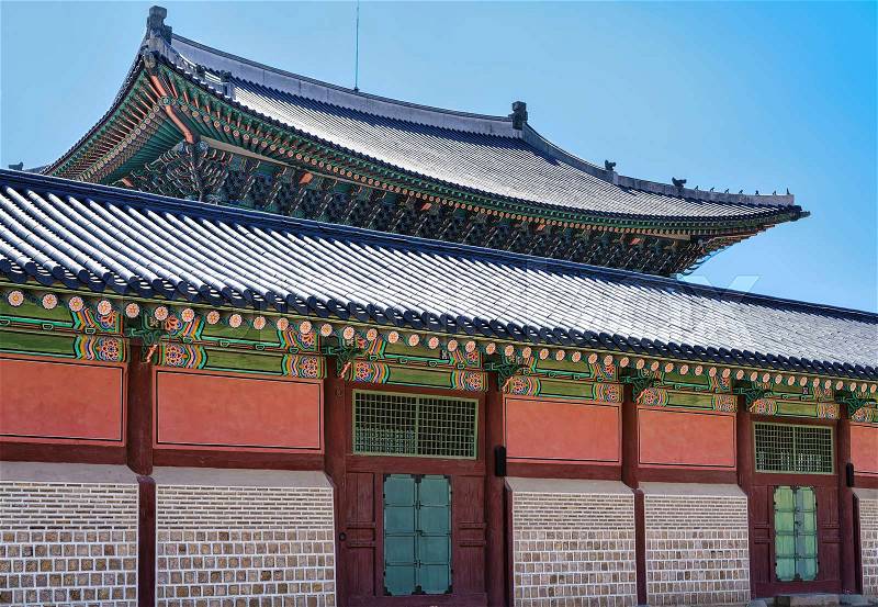 Wooden pavilion in Gyeongbokgung Palace in Seoul, South Korea, stock photo