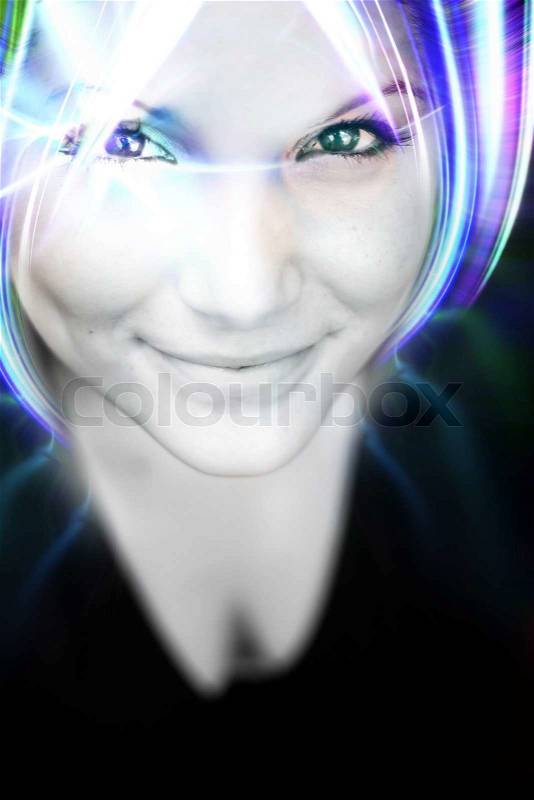 An abstract woman with glowing plasma like hair, stock photo