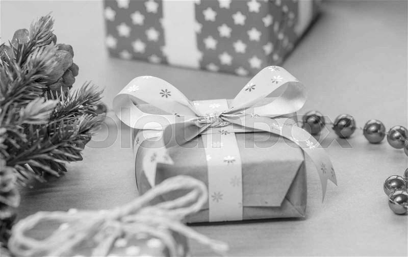 Black and white christmas presents and decoration preparation different paper, stock photo