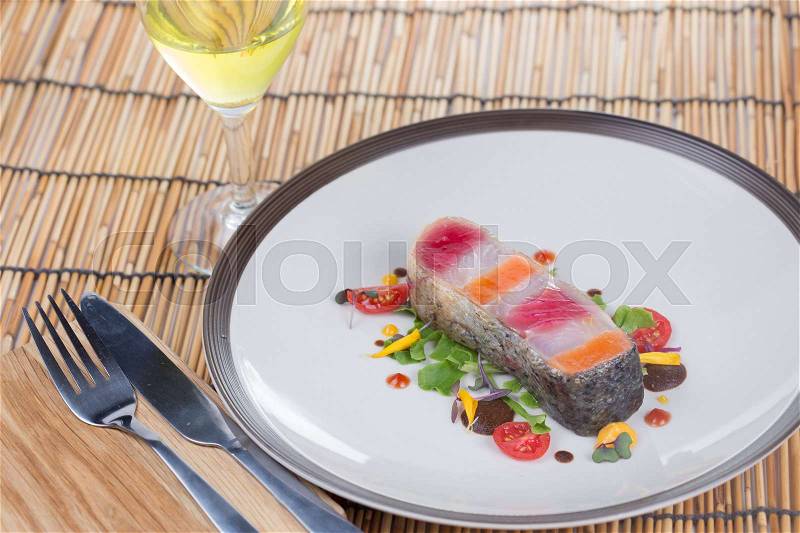 Steak layer fish and white wine / Salmon,Tuna and seabass gfish Steak, stock photo
