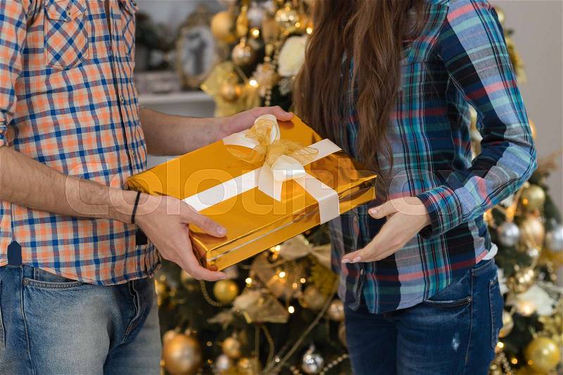 Man Give Present Gift Box Woman Christmas Holiday Happy Couple Near Decorated Pine Tree Closeup, stock photo