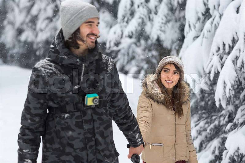 Young Romantic Couple Walking In Snow Forest Outdoor Mix Race man And Woman Holding Hands Winter Pine Woods, stock photo