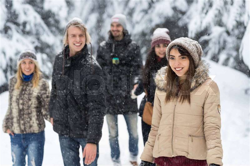 Friends Group Snow Forest Happy Smiling Young People Walking Outdoor Winter Pine Woods, stock photo
