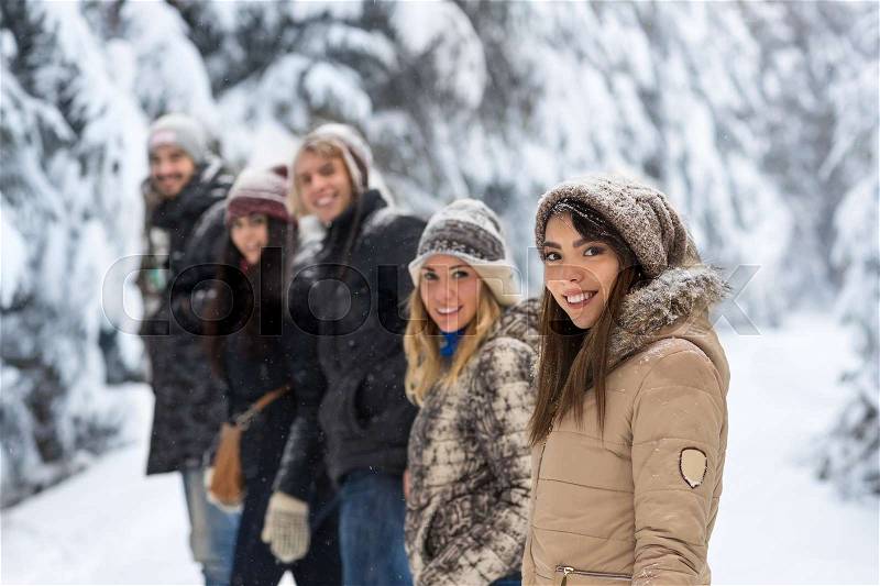 Friends Group Snow Forest Happy Smiling Young People Walking Outdoor Winter Pine Woods, stock photo
